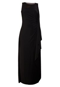 Svart ärmlös klänning med en draperad design, med en vriden sidadetalj och flödande accenter för en slank silhuett.