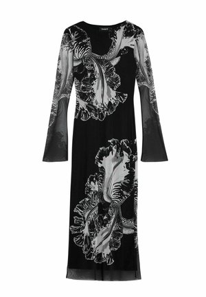 Must kleit pikkade läbipaistvate varrukatega, millel on suur hallide lillede muster. Kaelus on ümar ning riie näib olevat sile.