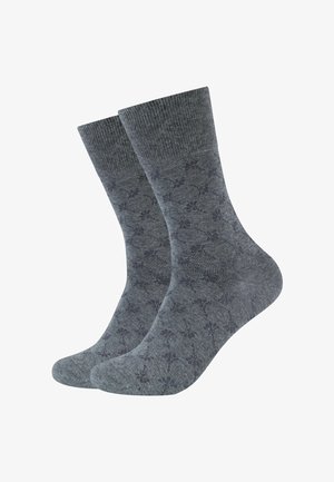 Gray patterned socks featuring a ribbed cuff, medium thickness, and a subtle design across the fabric. Material appears soft and textured.