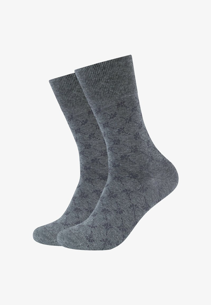Gray patterned socks featuring a ribbed cuff, medium thickness, and a subtle design across the fabric. Material appears soft and textured.