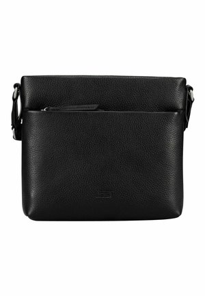 Sac bandoulière en cuir noir texturé avec poche zippée à l'avant et bandoulière réglable.