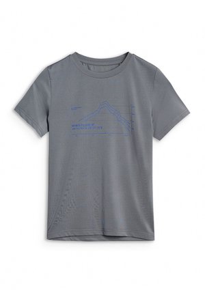 Szary T-shirt z krótkim rękawem z niebieskim wykresem linii pokazującym dane o przepływie wiatru i współrzędne na środku przodu.