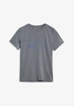 T-shirt gris à manches courtes avec un graphique en ligne bleue montrant les données de flux de vent et les coordonnées au centre avant.