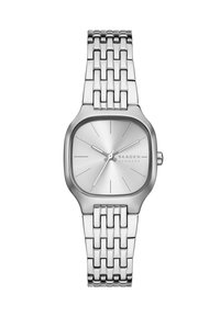 Reloj de acero inoxidable plateado con caja cuadrada, esfera minimalista plateada y pulsera de metal trenzado. Presenta índices y agujas horarias delgadas.