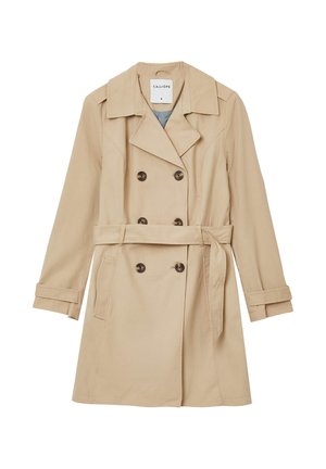 Beige double-breasted trench coat with a belted waist, shoulder epaulets, and button accents. Long sleeves; smooth fabric; unlined interior.
