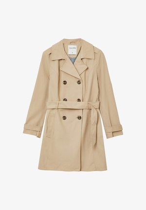 Cappotto trench beige a doppio petto con vita cintata, spalline e dettagli con bottoni. Maniche lunghe; tessuto morbido; interno non foderato.
