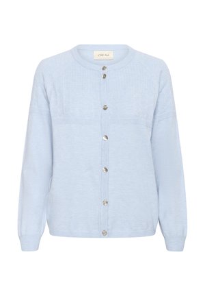 Hele sinine nikerdatud kardigan ümarate kraega, hõbedased nööbid ees ja peene tekstuurimuster ülemises rinnas ja varrukatel.