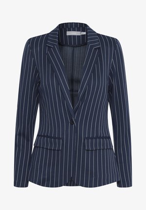 Blazer bleu marine à rayures fines en tissu lisse, doté d'un bouton simple, de revers crantés et de deux poches avant.