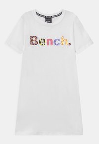 Biała koszulka z kolorowym napisem "Bench." ozdobionym różnymi wzorami zwierząt. Krótkie rękawy i okrągły dekolt.