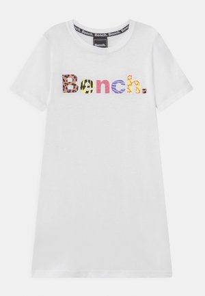 Bílé tričko s barevným nápisem "Bench." zdobeným různými vzory zvířat. Krátké rukávy a kulatý výstřih.