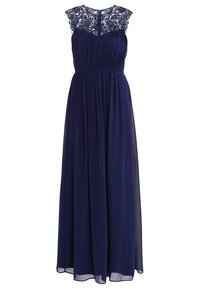 Navy blue maxi dress with lace cap sleeves, ruched bodice, and flowing chiffon skirt. Features a keyhole back and pleated details.