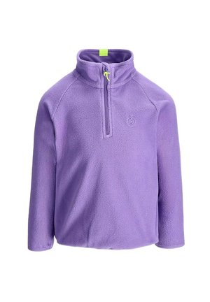 Miękki fioletowy polarowy sweter z długimi rękawami, częściowym zamkiem z przodu, wysokim kołnierzem i małym logo na lewej piersi.