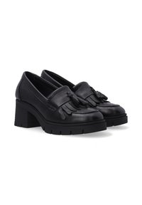 Schwarze Leder-Absatzslipper mit runder Zehenform, die an der Vorderseite mit einem Fransendetail versehen sind und eine klobige, strukturierte Sohle haben.