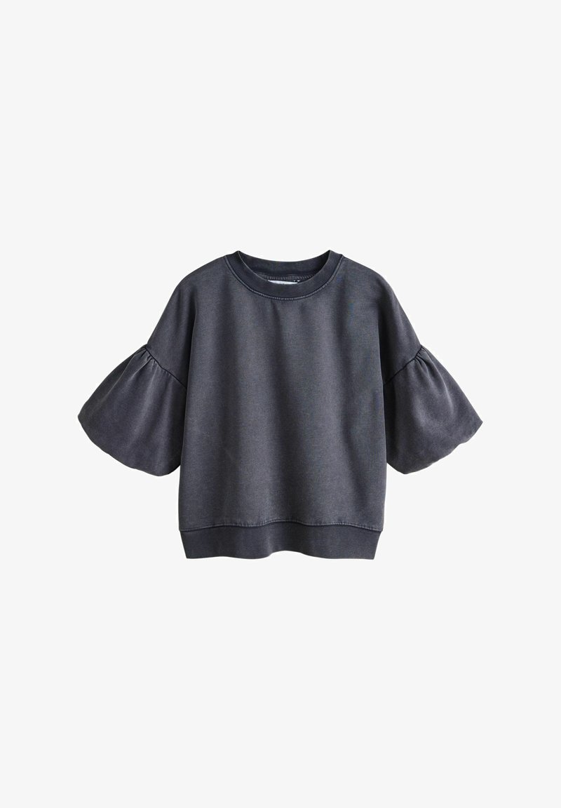 Donkergrijze korte sweatshirt met brede, opgeblazen ellebooglange mouwen en een ronde hals.