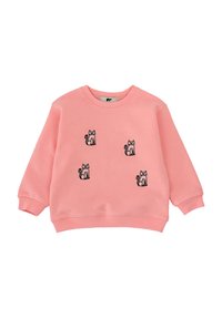 Felpa di cotone rosa con quattro ricami di gatti neri, maniche lunghe e colletto a coste. Tessuto morbido e vestibilità comoda.