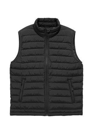 Black quilted sleeveless vest with a front zipper and two zippered side pockets, featuring a high collar for warmth.