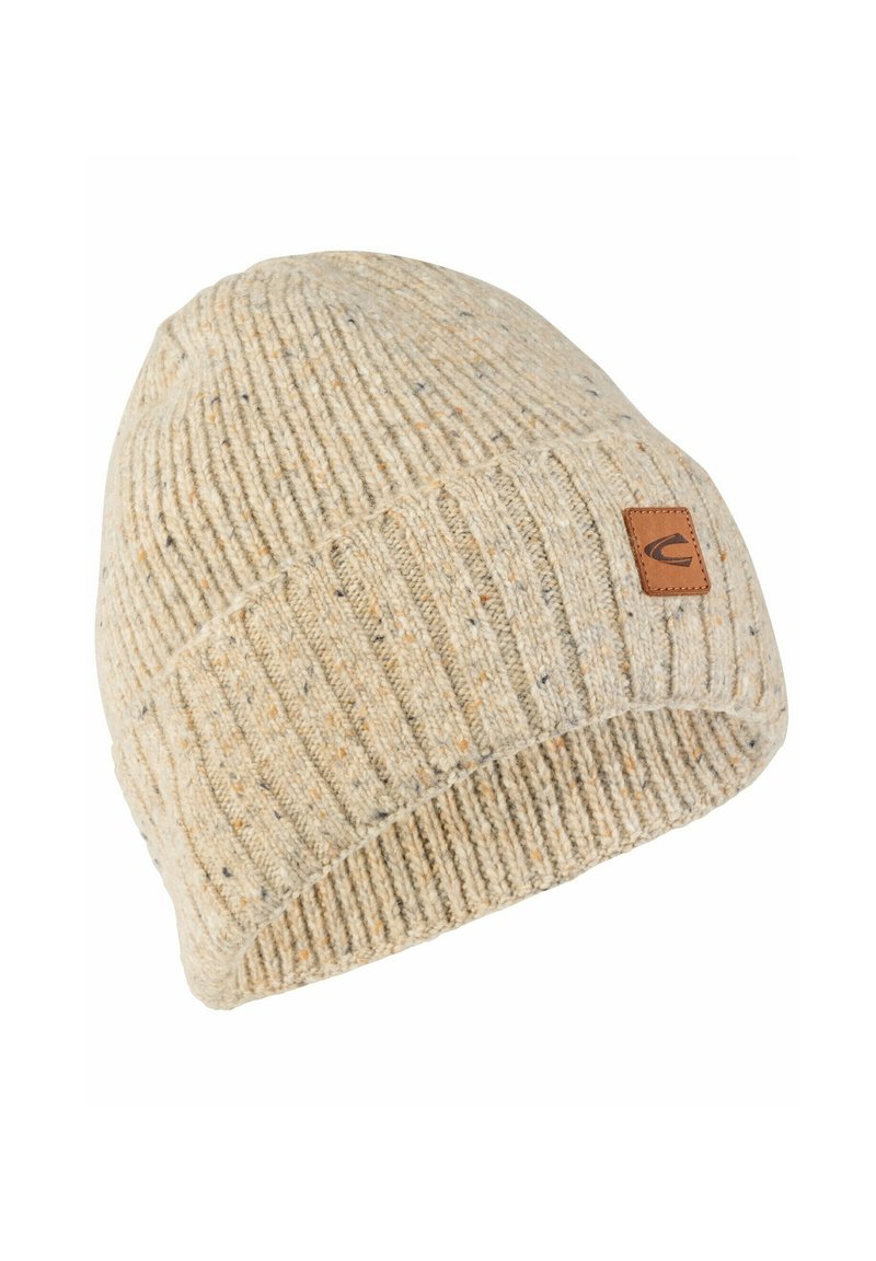 Knit beanie in light beige with subtle flecks of color. Features a ribbed design and a small brown leather label stitched on the side.