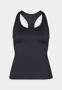 Svart racerback träningslinne med figurnära design och sömlösa kanter, tillverkat av mjukt och stretchigt material.