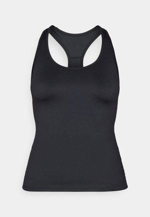 Schwarzes Sport-Tanktop mit Racerback-Design, fitted Schnitt und nahtlosen Kanten, aus glattem, dehnbarem Stoff.
