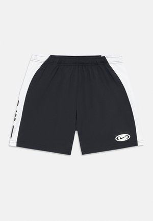 Shorts de sport noirs avec des panneaux latéraux blancs et un logo blanc sur la jambe gauche, avec une taille élastique.
