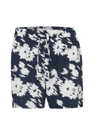 Pantalones cortos de color navy con un estampado abstracto en blanco, cinturilla elástica y cordón ajustable. Tejido suave, corte holgado y longitud a mitad del muslo.