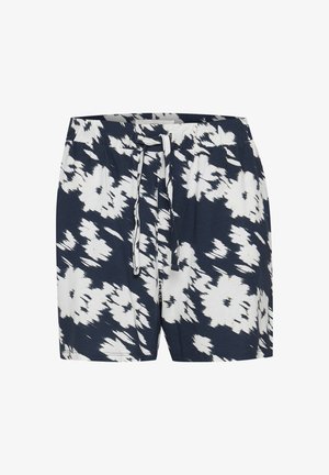 Pantalones cortos de color navy con un estampado abstracto en blanco, cinturilla elástica y cordón ajustable. Tejido suave, corte holgado y longitud a mitad del muslo.