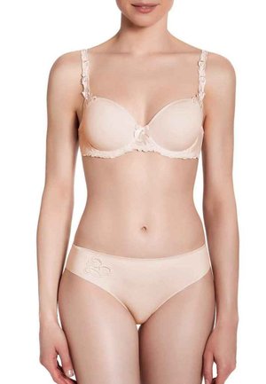 Beige lingerie set featuring a lightly padded bra with lace trim and floral straps, paired with matching panties featuring embroidered detail.