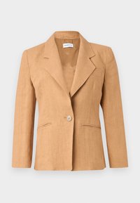 Beige linblazer med slagkrage, enkel knappstängning, två framfickor och en lätt textur. Designad för en skräddarsydd passform.