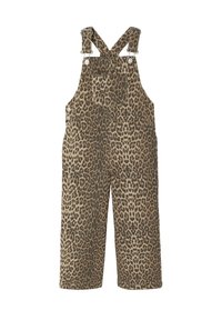 Leopard print overalls in brown and beige, featuring shoulder straps with metal clips, a front pocket, and wide legs. Soft fabric texture.