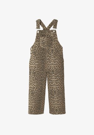Leopard print overalls in brown and beige, featuring shoulder straps with metal clips, a front pocket, and wide legs. Soft fabric texture.