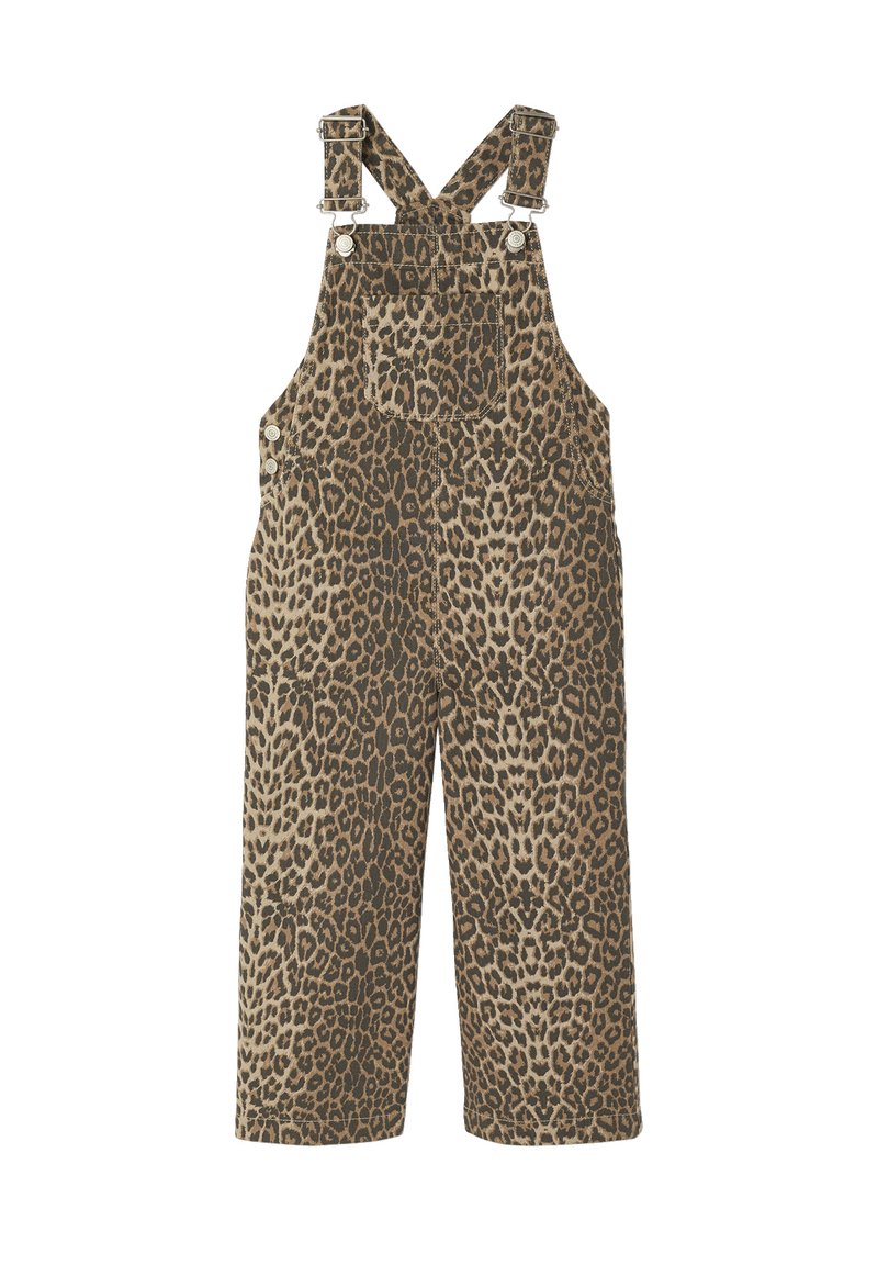 Leopard print overalls in brown and beige, featuring shoulder straps with metal clips, a front pocket, and wide legs. Soft fabric texture.