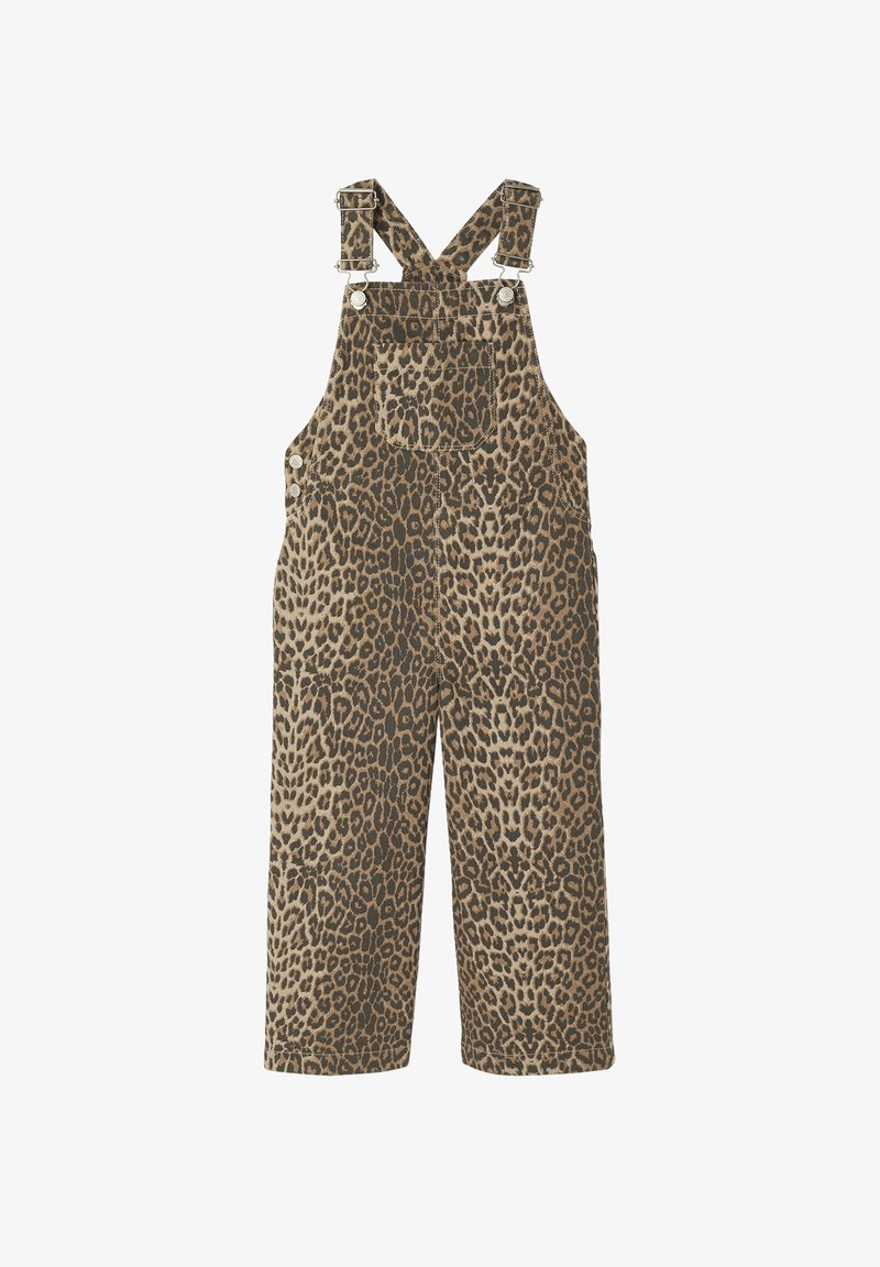 Leopard print overalls in brown and beige, featuring shoulder straps with metal clips, a front pocket, and wide legs. Soft fabric texture.