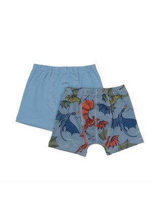 Two pairs of light blue boys’ boxer briefs, one solid color and one with colorful dragon print on wings and clouds.