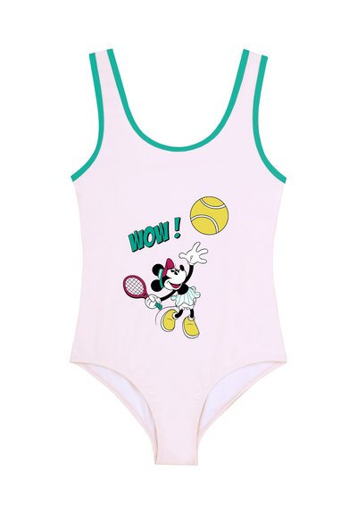 Maillot de bain une pièce rose avec des bretelles turquoise. Présente un personnage de dessin animé tenant une raquette de tennis et une balle, avec un motif texte "WOW !".