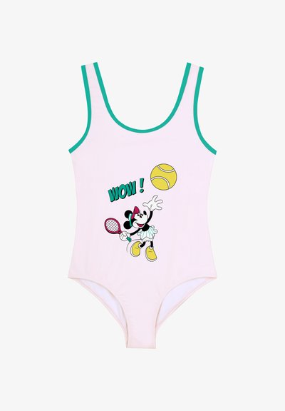 Maillot de bain une pièce rose avec des bretelles turquoise. Présente un personnage de dessin animé tenant une raquette de tennis et une balle, avec un motif texte "WOW !".