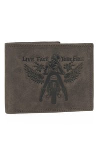 Cartera de cuero marrón con un gráfico de motocicleta con alas y el texto "Vive rápido, conduce libre". Superficie texturizada con detalles de costura.