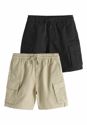 Zwei kurze Hosen: eine schwarze und eine beige. Beide haben einen elastischen Bund, einen Kordelzug und Seitentaschen. Hergestellt aus leichtem Stoff.