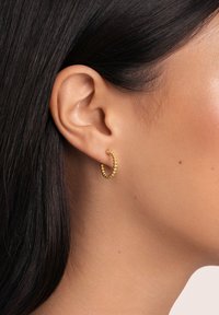 Pendiente de aro en oro con textura de cuentas, forma circular y acabado pulido. Llevado en una oreja perforada junto a un cabello liso y oscuro.