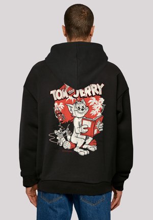 Black hoodie with a large graphic on the back featuring cartoon characters in a playful scene, red and white accents, and a relaxed fit.