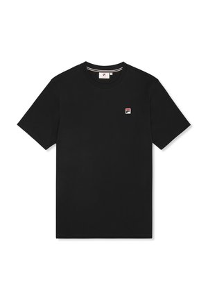 Schwarzes Baumwoll-T-Shirt mit kurzen Ärmeln und rundem Ausschnitt. Hat ein kleines gesticktes Logo auf der linken Brust. Glatte Textur, lässige Passform.