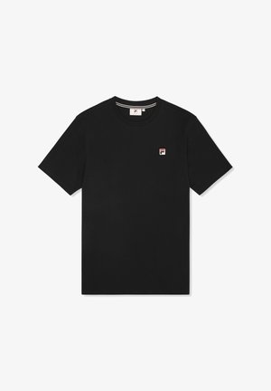 Schwarzes Baumwoll-T-Shirt mit kurzen Ärmeln und rundem Ausschnitt. Hat ein kleines gesticktes Logo auf der linken Brust. Glatte Textur, lässige Passform.