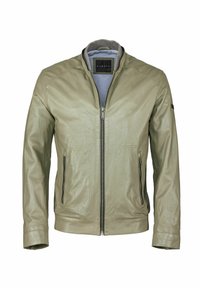 Lichtgroene leren jas met een ritssluiting, twee voorkragen en een geribde kraag. Glad oppervlak, aansluitend ontwerp.