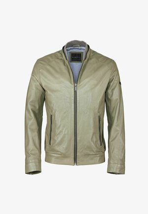 Hellgrüne Lederjacke mit Reißverschluss, zwei vorderen Taschen und einem gerippten Kragen. Glatte Textur, taillierte Passform.