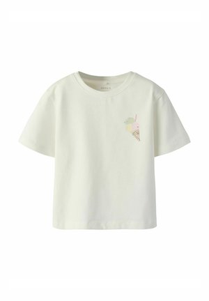 White short-sleeve t-shirt with small ice cream cone graphic on the left chest and a round neckline.