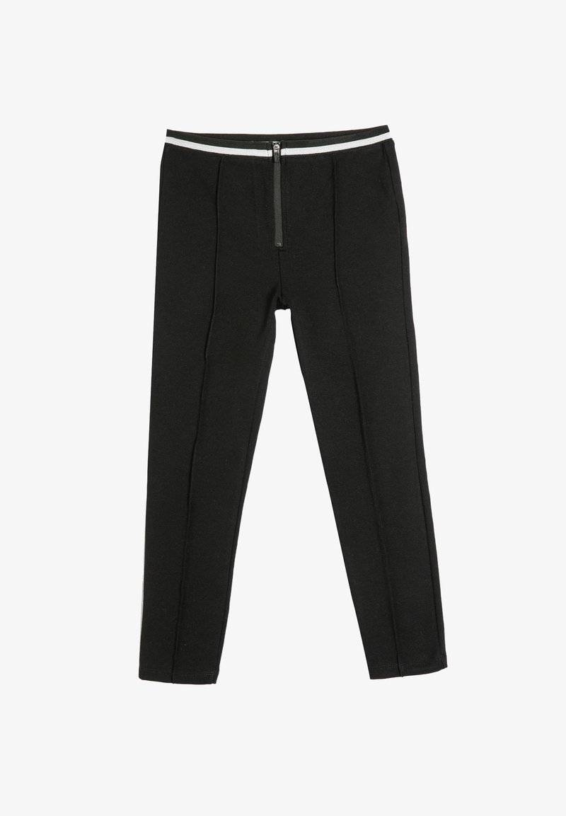 Czarne legginsy wykonane z miękkiego materiału, z suwakiem z przodu i kontrastującym białym pasem w talii. Dopasowany krój z pionowymi szwami.