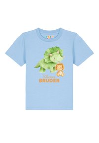 T-shirt bleu clair à manches courtes avec un graphique de dinosaure vert et de lion, accompagnée du texte "Kleiner BRUDER" en orange en dessous du design.