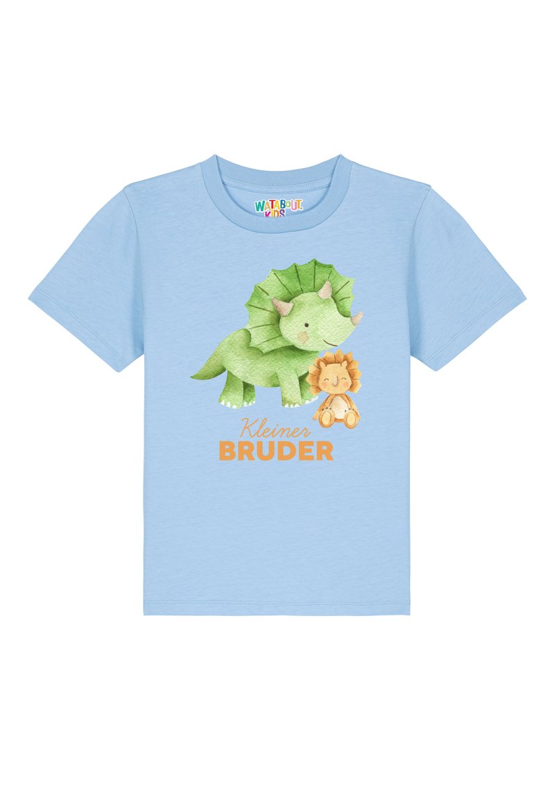 T-shirt bleu clair à manches courtes avec un graphique de dinosaure vert et de lion, accompagnée du texte "Kleiner BRUDER" en orange en dessous du design.