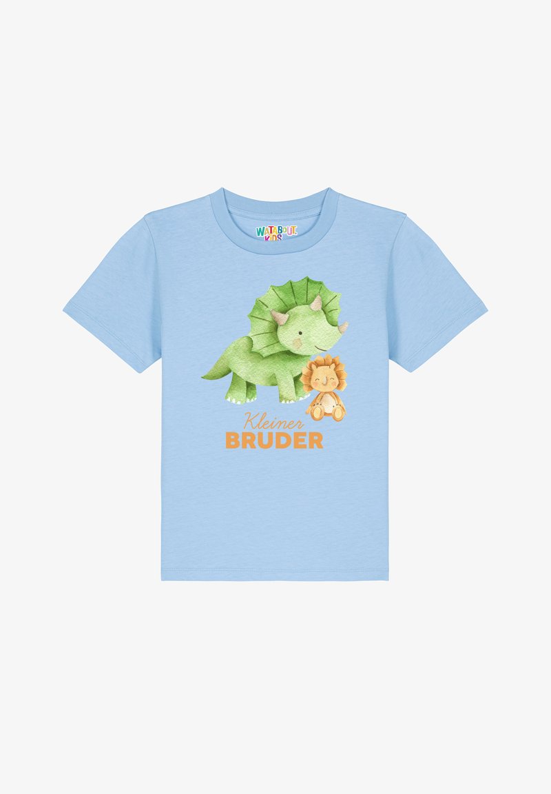 T-shirt bleu clair à manches courtes avec un graphique de dinosaure vert et de lion, accompagnée du texte "Kleiner BRUDER" en orange en dessous du design.