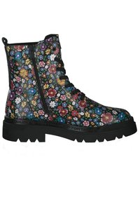 Bottine noire à lacets avec fermeture éclair, présentant un motif floral coloré sur l'ensemble et une semelle épaisse et robuste.