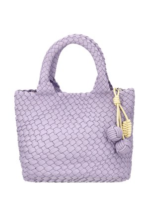 Lavendelfarvet flettet håndtaske med to runde håndtag og tre dekorative knyttede kvaster i lavendel og lys gul.